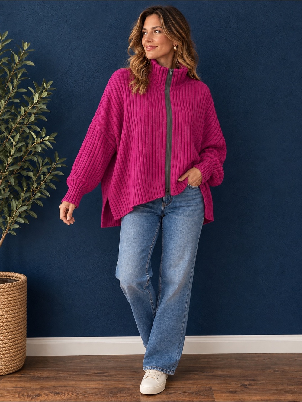 Bryn Walker Ribbed Zip Front Cardigan Sweater Magenta Pink Oversized Medium